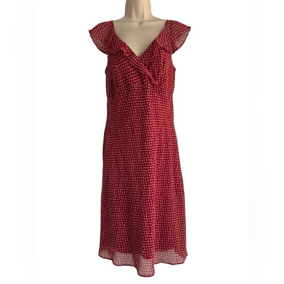 Vtg B.Moss Red Ditsy Floral Ruffle V-Neck Dress Feminine Romantic Sz M - Picture 1 of 5